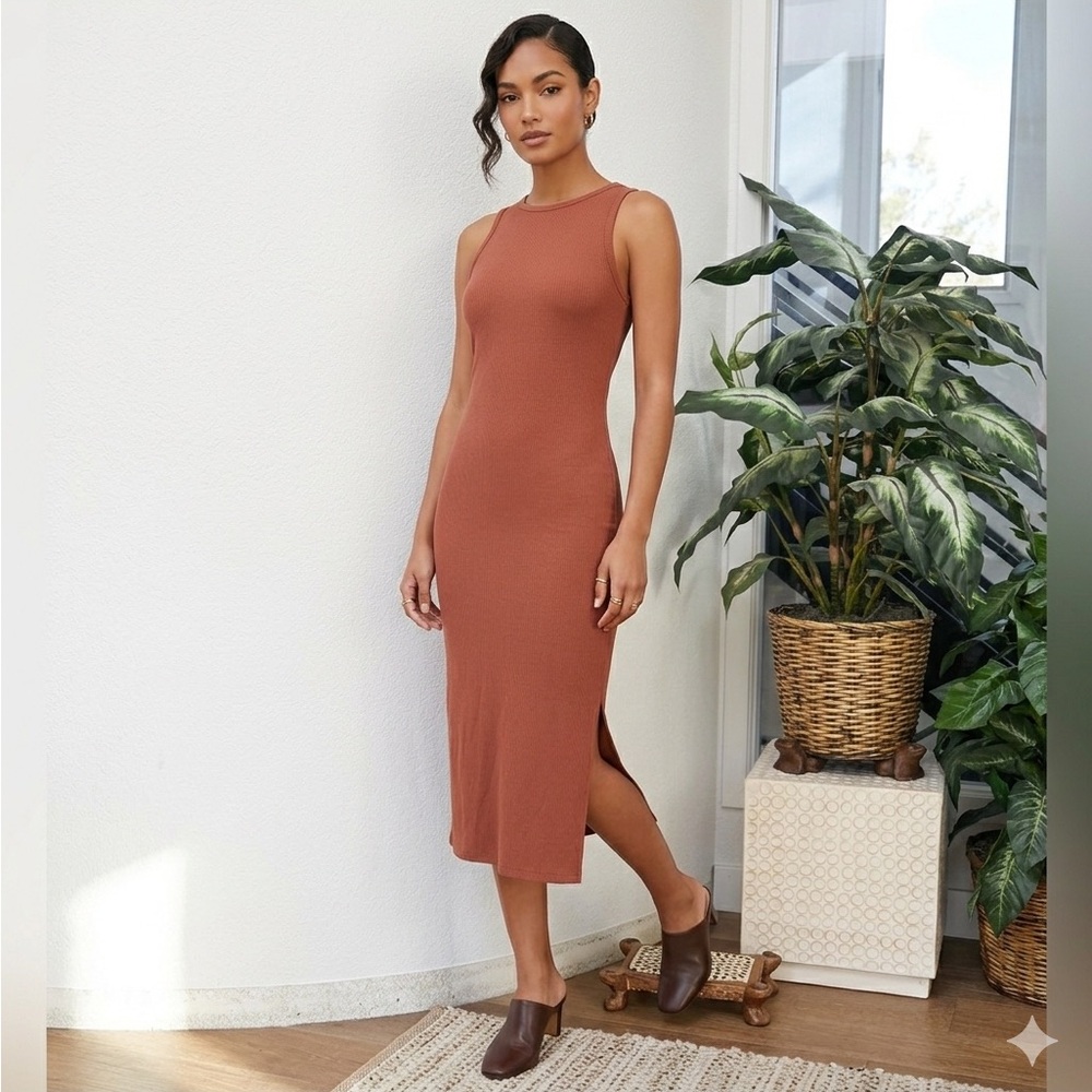 Prologue Ribbed Stretch Sleeveless Clay Midi Side Slit Tank Pencil Dress XS
